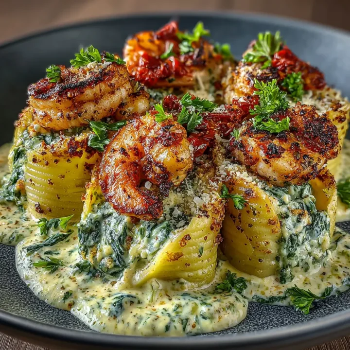 Shrimp & Spinach Stuffed Pasta Rolls with Roasted Red Pepper Cream