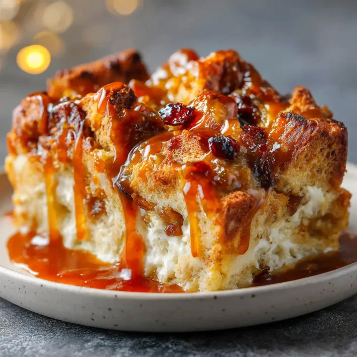 Christmas Bread Pudding Dessert with Caramel Drizzle