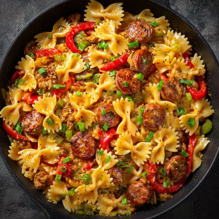 Spicy Cajun Bowtie Pasta Recipe with Beef and Sausage